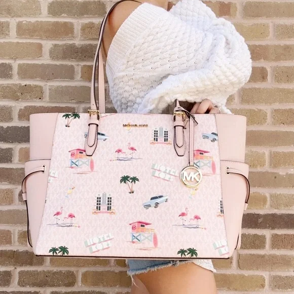 3 Michael Kors Gilly Large Tote Light Powder Blush Pink MK Miami Beach - Picture 3 of 8